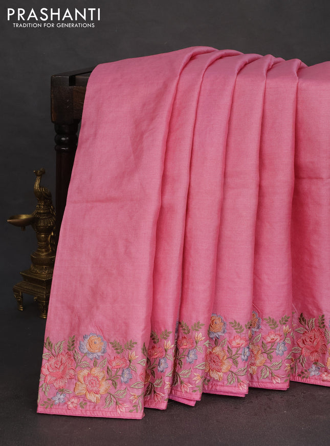 Pure tussar silk saree light pink with plain body and floral design embroidery work border