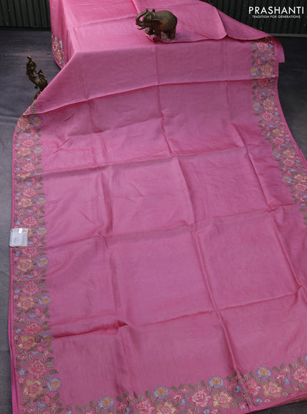 Pure tussar silk saree light pink with plain body and floral design embroidery work border