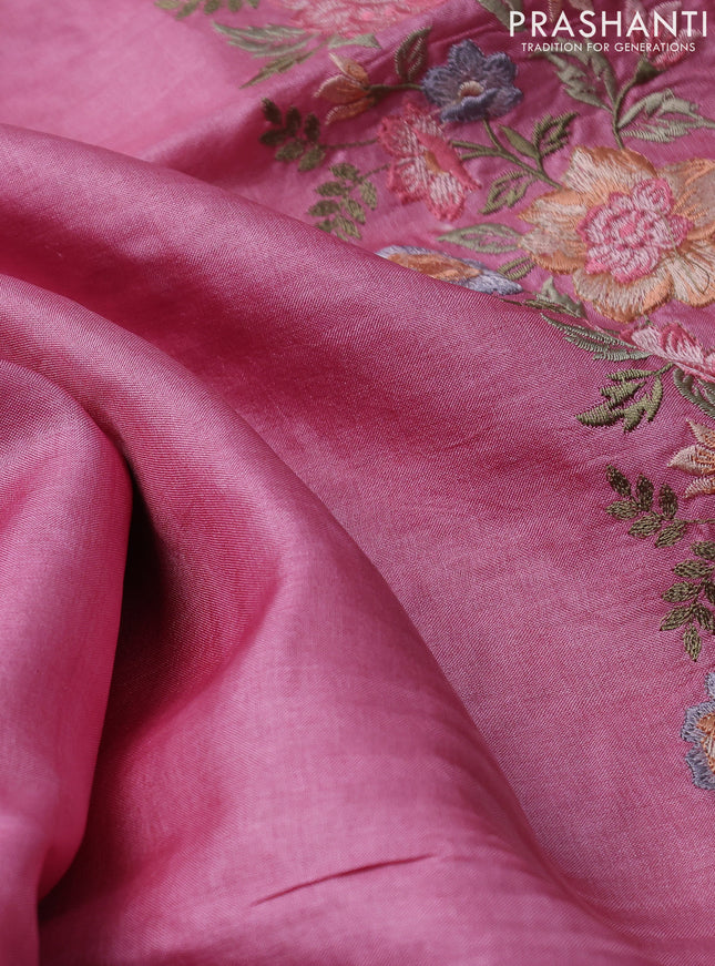 Pure tussar silk saree light pink with plain body and floral design embroidery work border