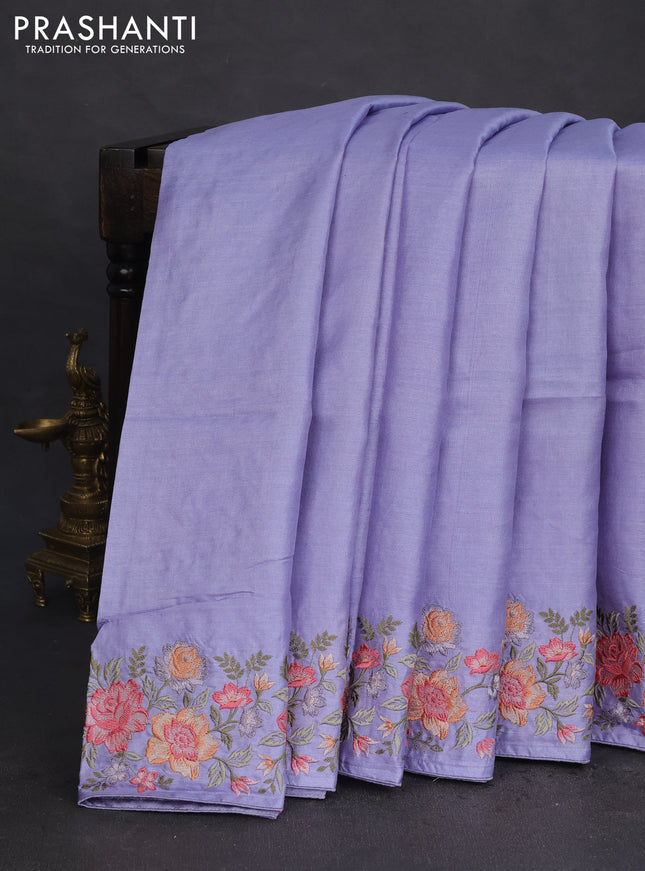 Pure tussar silk saree pastel blue with plain body and floral design embroidery work border