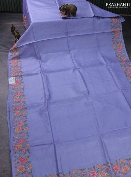 Pure tussar silk saree pastel blue with plain body and floral design embroidery work border