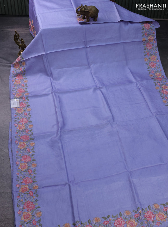 Pure tussar silk saree pastel blue with plain body and floral design embroidery work border