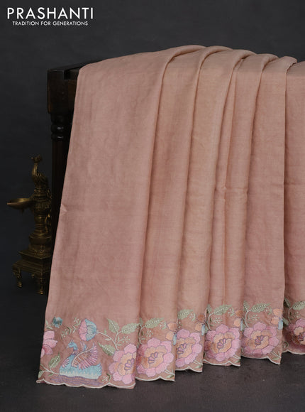 Pure tussar silk saree sandal with plain body and floral design embroidery work border