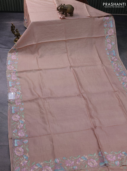 Pure tussar silk saree sandal with plain body and floral design embroidery work border