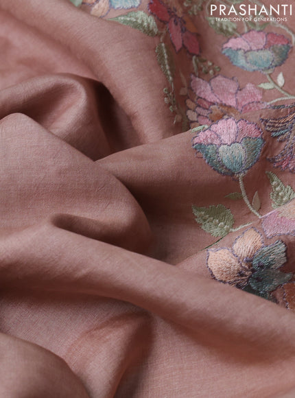 Pure tussar silk saree sandal with plain body and floral design embroidery work border