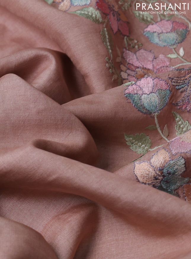 Pure tussar silk saree sandal with plain body and floral design embroidery work border