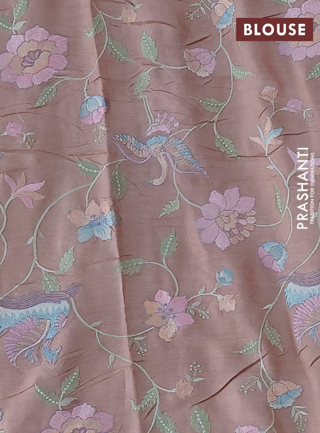 Pure tussar silk saree sandal with plain body and floral design embroidery work border