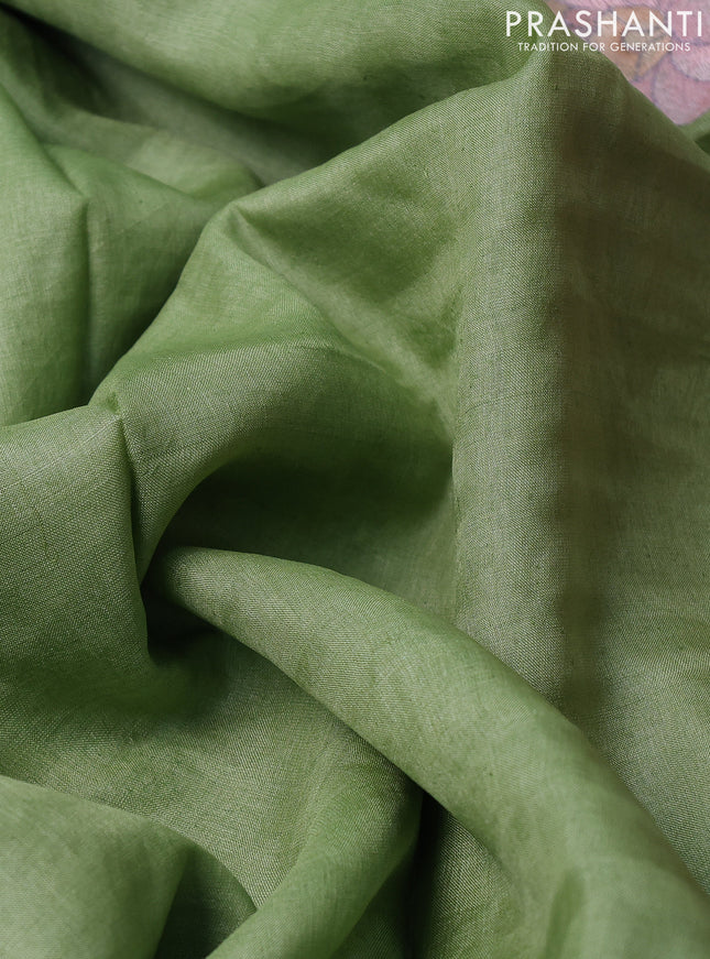 Pure tussar silk saree light green with plain body and floral design embroidery work border