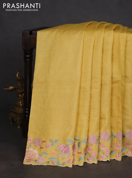 Pure tussar silk saree lime yellow with plain body and floral design embroidery work border