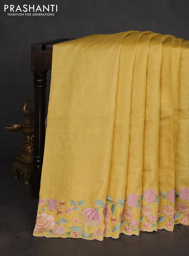 Pure tussar silk saree lime yellow with plain body and floral design embroidery work border