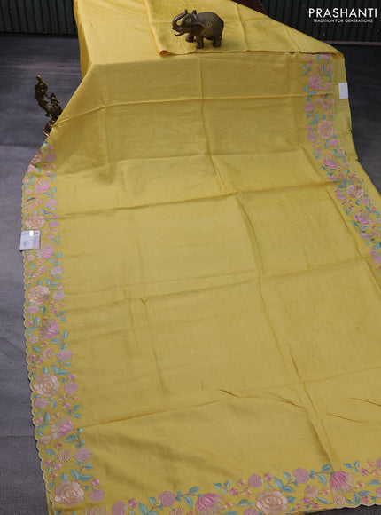 Pure tussar silk saree lime yellow with plain body and floral design embroidery work border