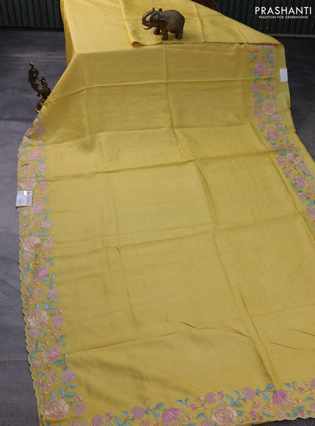 Pure tussar silk saree lime yellow with plain body and floral design embroidery work border