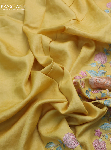 Pure tussar silk saree lime yellow with plain body and floral design embroidery work border