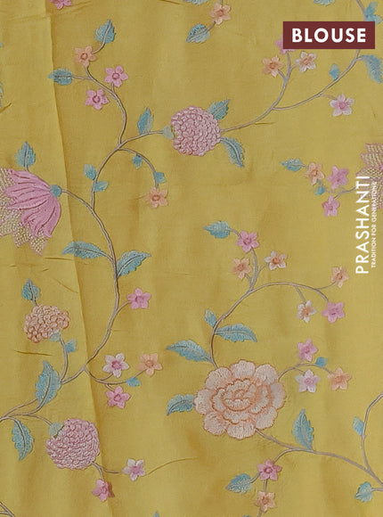 Pure tussar silk saree lime yellow with plain body and floral design embroidery work border