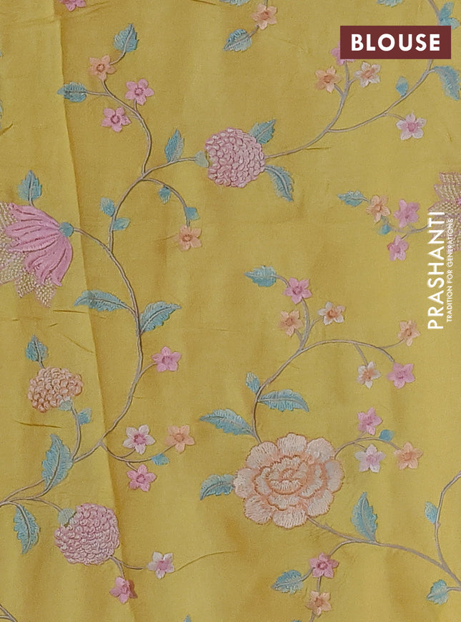 Pure tussar silk saree lime yellow with plain body and floral design embroidery work border