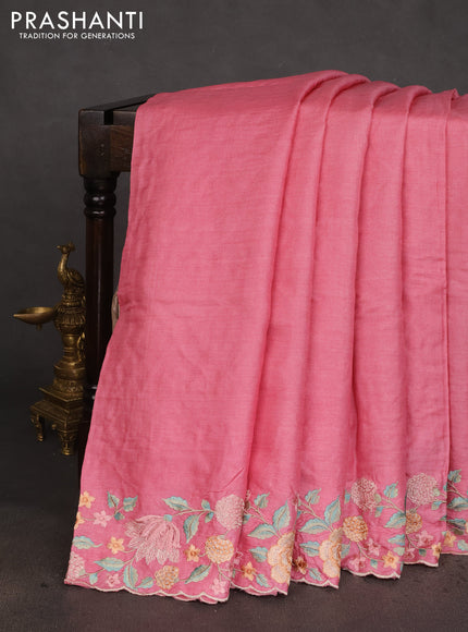 Pure tussar silk saree light pink with plain body and floral design embroidery work border