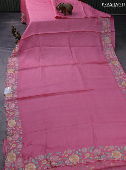 Pure tussar silk saree light pink with plain body and floral design embroidery work border