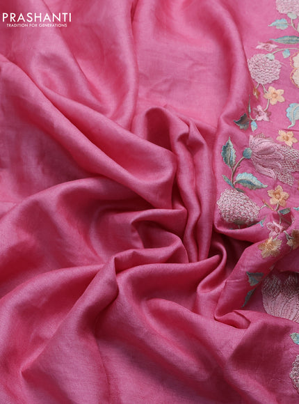 Pure tussar silk saree light pink with plain body and floral design embroidery work border