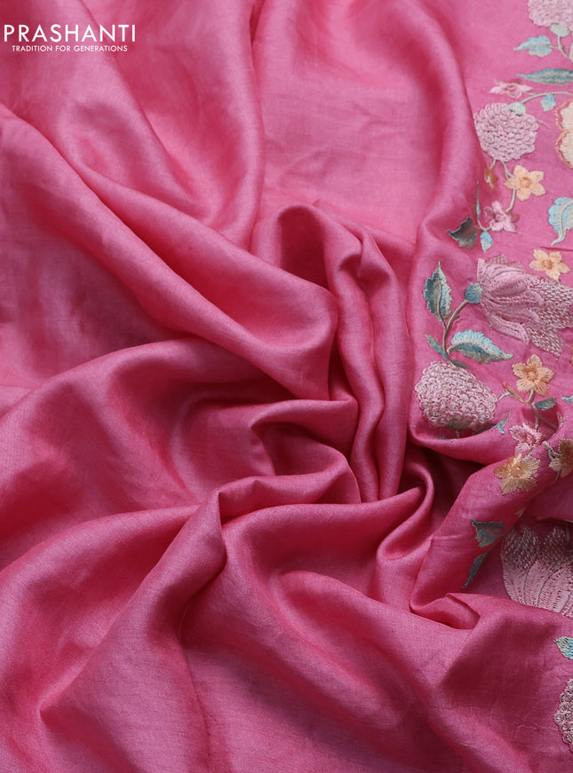 Pure tussar silk saree light pink with plain body and floral design embroidery work border