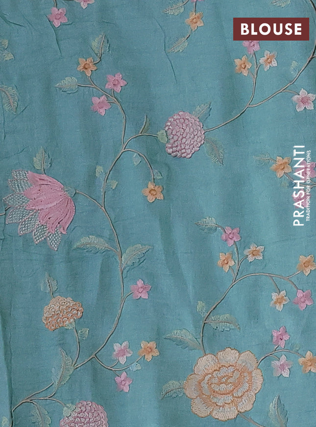Pure tussar silk saree teal blue with plain body and floral design embroidery work border
