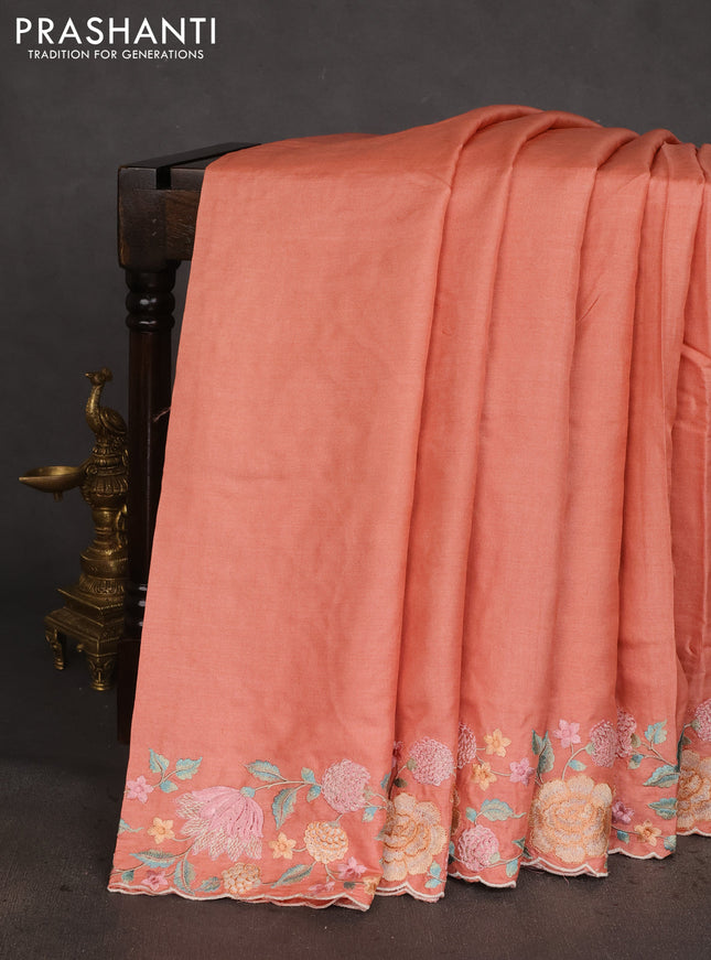 Pure tussar silk saree peach orange with plain body and floral design embroidery work border