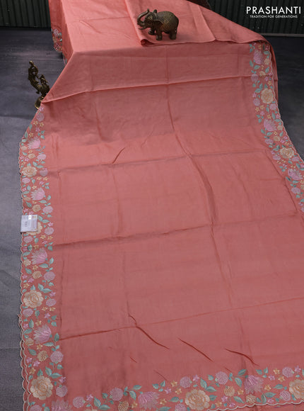 Pure tussar silk saree peach orange with plain body and floral design embroidery work border