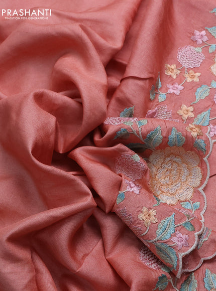 Pure tussar silk saree peach orange with plain body and floral design embroidery work border