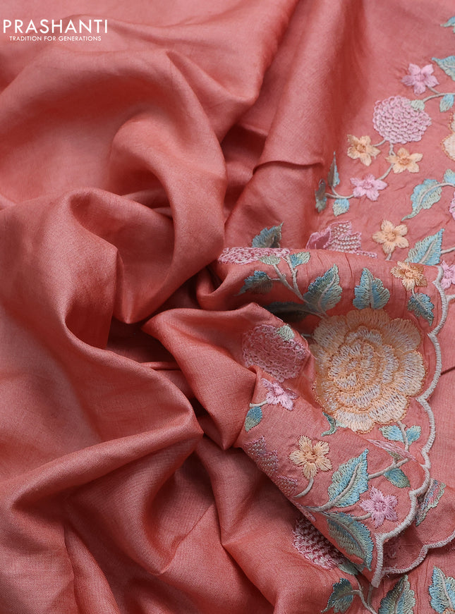 Pure tussar silk saree peach orange with plain body and floral design embroidery work border