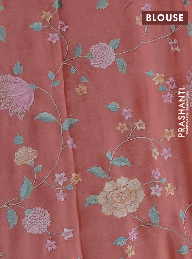 Pure tussar silk saree peach orange with plain body and floral design embroidery work border