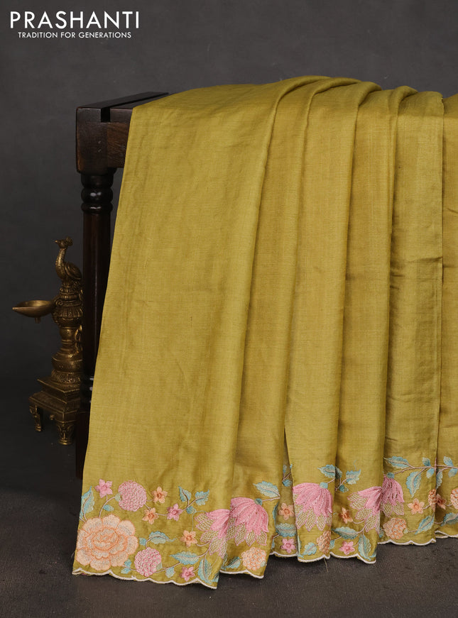 Pure tussar silk saree mustard yellow with plain body and floral design embroidery work border