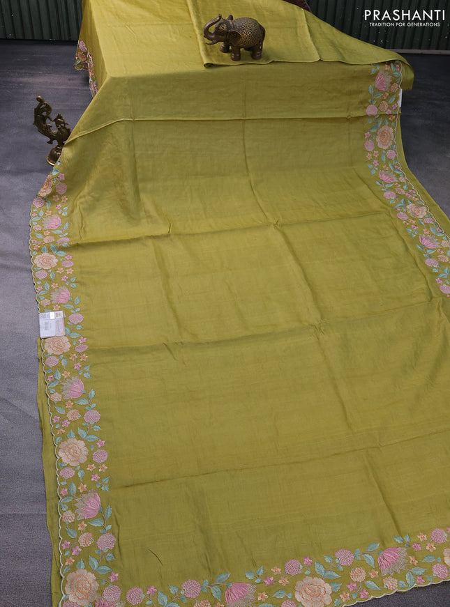 Pure tussar silk saree mustard yellow with plain body and floral design embroidery work border