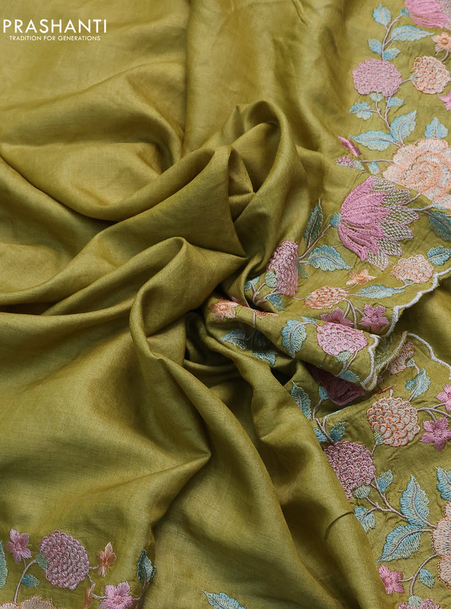 Pure tussar silk saree mustard yellow with plain body and floral design embroidery work border