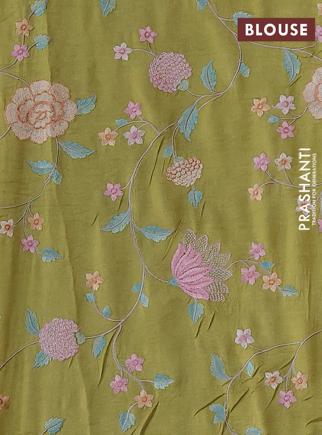 Pure tussar silk saree mustard yellow with plain body and floral design embroidery work border