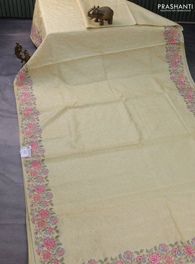 Pure tussar silk saree pale yellow with allover embroidery work and floral design embroidery work border