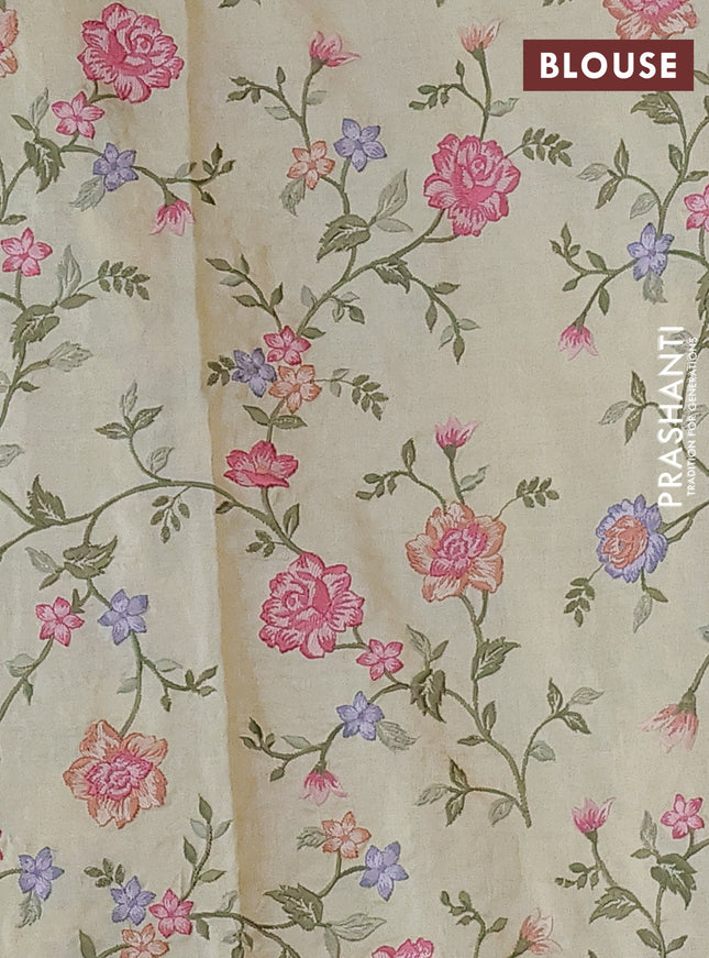 Pure tussar silk saree pale yellow with allover embroidery work and floral design embroidery work border