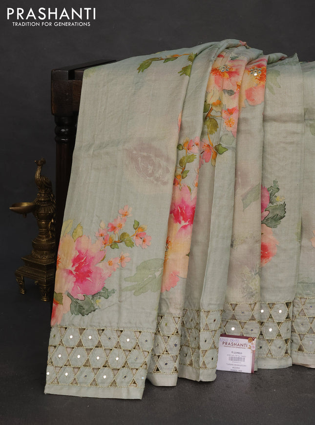 Pure tussar silk saree pastel green with floral digital prints and cut work border