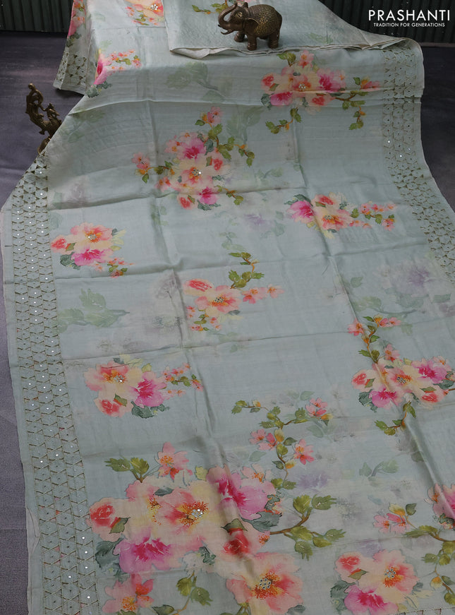 Pure tussar silk saree pastel green with floral digital prints and cut work border