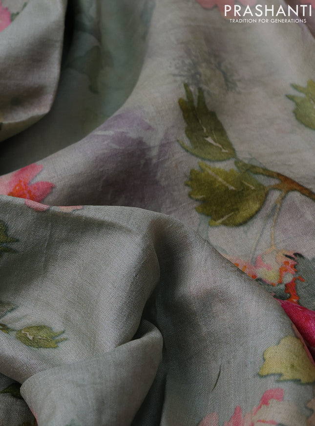 Pure tussar silk saree pastel green with floral digital prints and cut work border