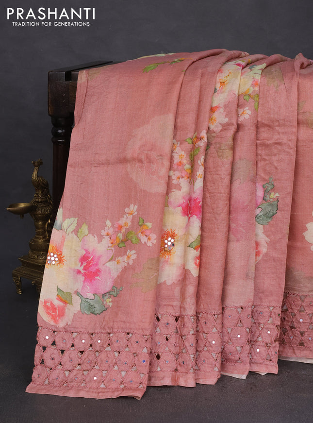 Pure tussar silk saree peach shade with floral digital prints and cut work border
