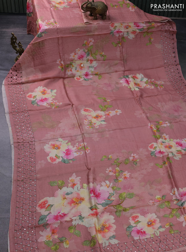 Pure tussar silk saree peach shade with floral digital prints and cut work border