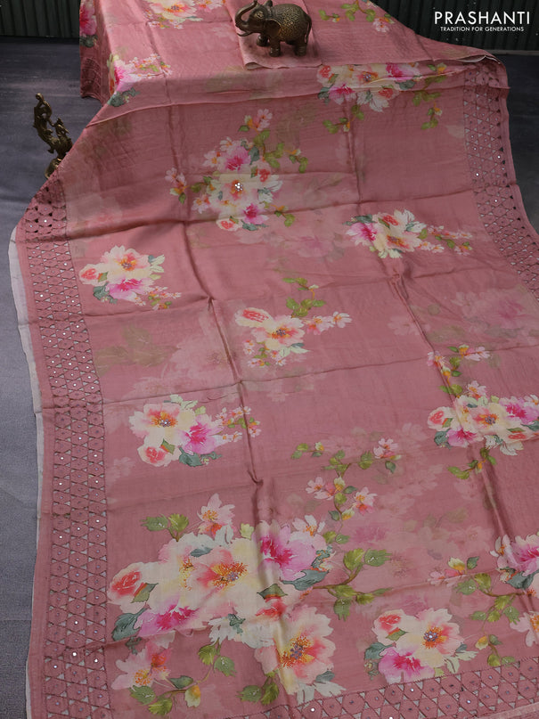 Pure tussar silk saree peach shade with floral digital prints and cut work border