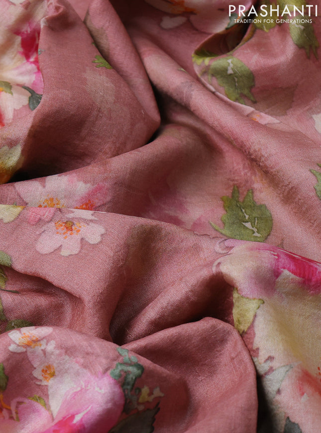 Pure tussar silk saree peach shade with floral digital prints and cut work border