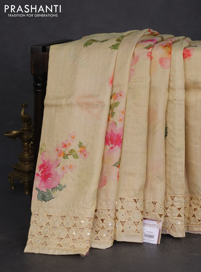 Pure tussar silk saree pale yellow with floral digital prints and cut work border