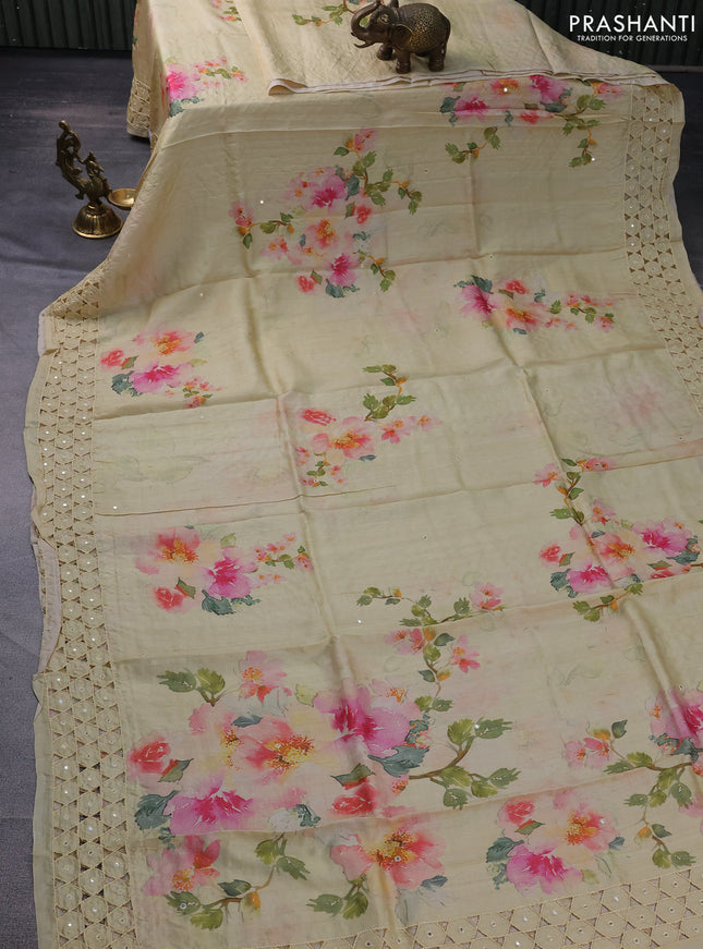 Pure tussar silk saree pale yellow with floral digital prints and cut work border
