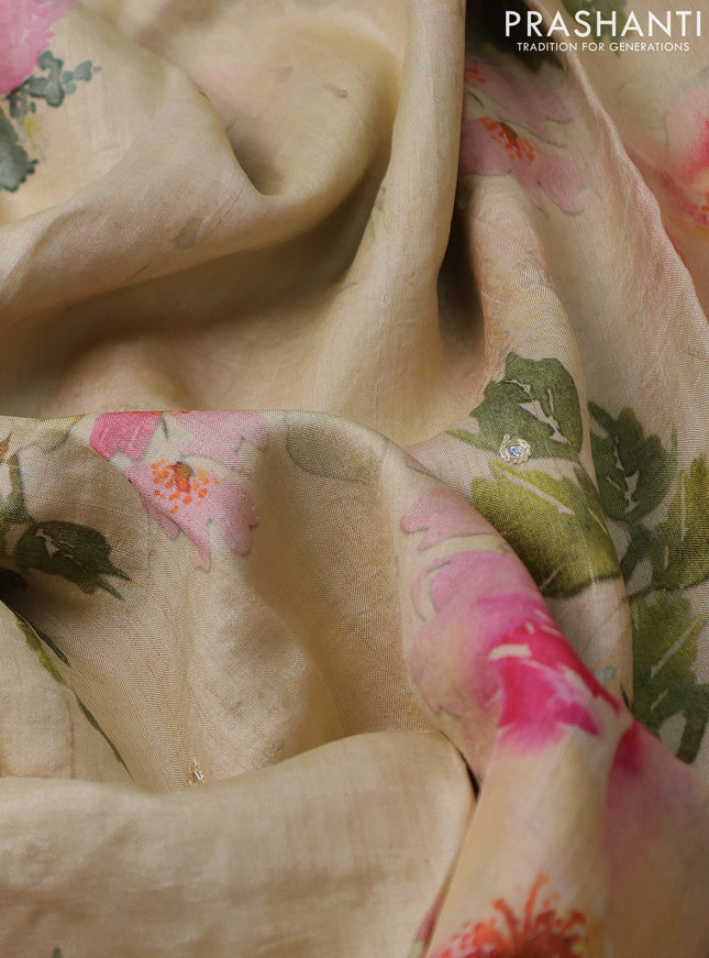 Pure tussar silk saree pale yellow with floral digital prints and cut work border