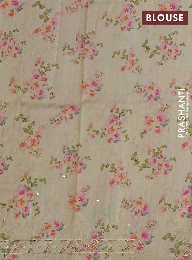 Pure tussar silk saree pale yellow with floral digital prints and cut work border