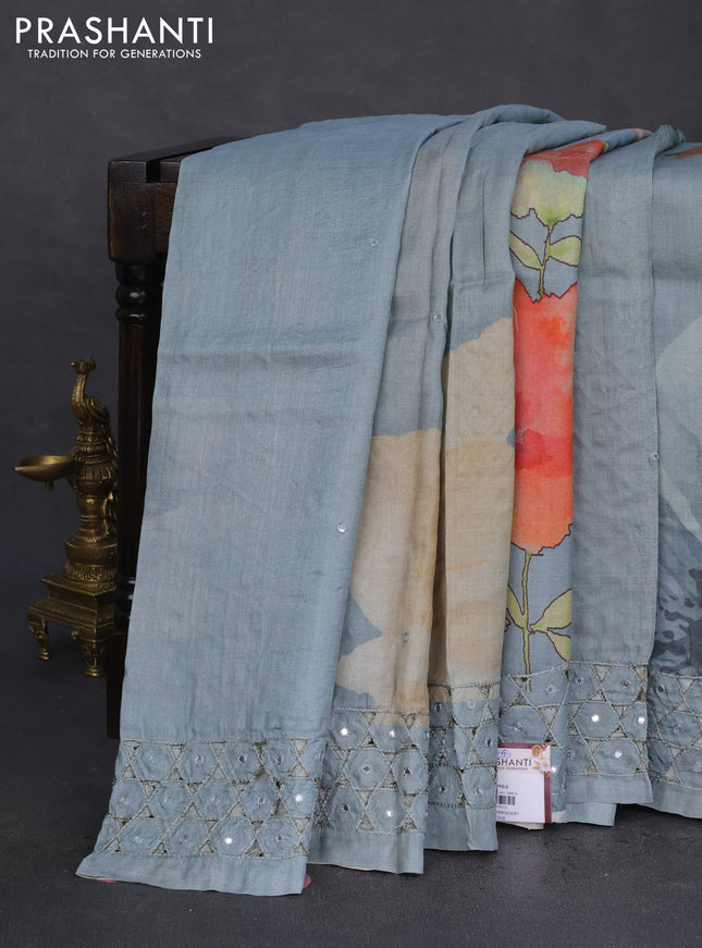 Pure tussar silk saree pastel grey with floral digital prints and cut work border