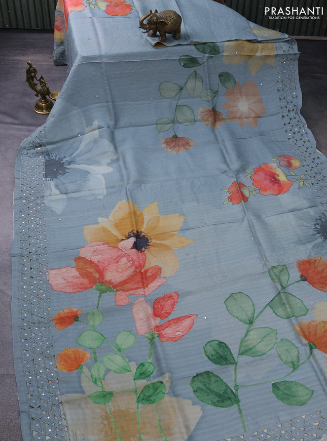 Pure tussar silk saree pastel grey with floral digital prints and cut work border