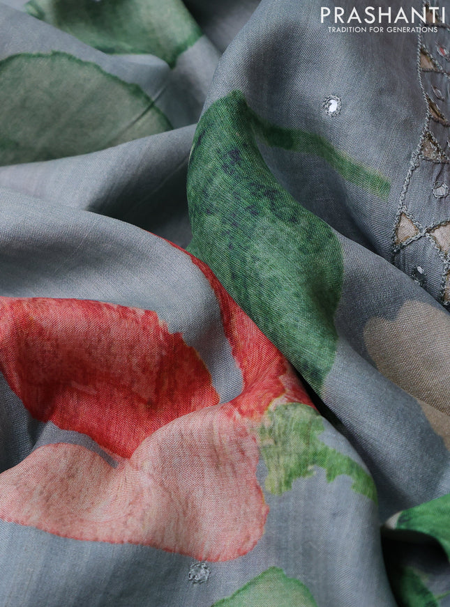 Pure tussar silk saree pastel grey with floral digital prints and cut work border