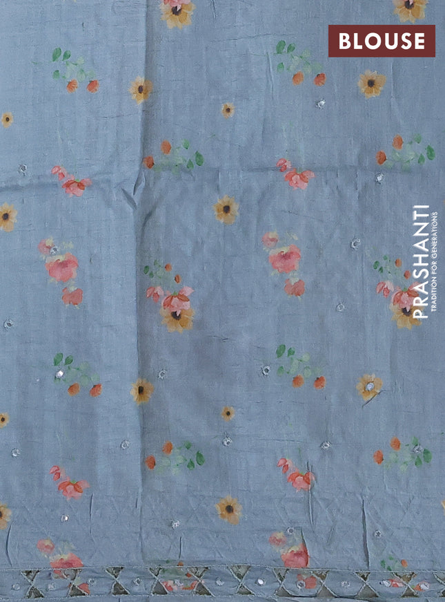 Pure tussar silk saree pastel grey with floral digital prints and cut work border